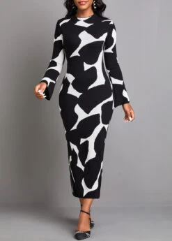 Black Cow Print Long Sleeve Maxi Bodycon Dress -Modlily Shop 340948 P 16954674591203