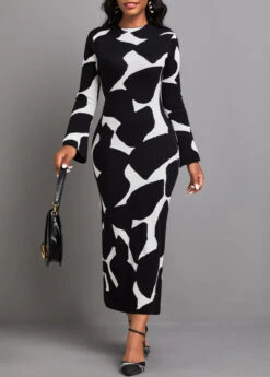 Black Cow Print Long Sleeve Maxi Bodycon Dress -Modlily Shop 340948 P 16954674592584