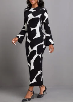Black Cow Print Long Sleeve Maxi Bodycon Dress -Modlily Shop 340948 P 16954674599782