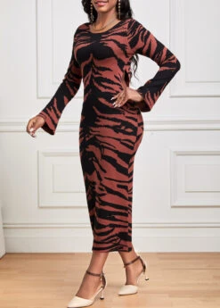 Dark Coffee Zebra Stripe Print Long Sleeve Dress 9 Dark Coffee Zebra Stripe Print Long Sleeve Dress -Modlily Shop 340949 P 16957216824112