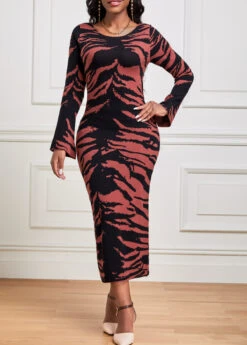 Dark Coffee Zebra Stripe Print Long Sleeve Dress 11 Dark Coffee Zebra Stripe Print Long Sleeve Dress -Modlily Shop 340949 P 16957216824884