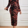 Dark Coffee Zebra Stripe Print Long Sleeve Dress -Modlily Shop 340949 P 16957216825490