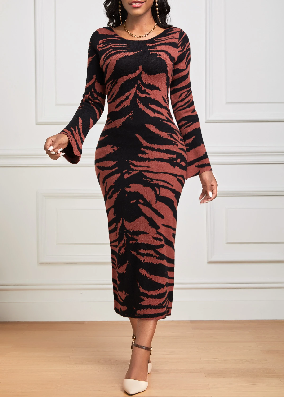 Dark Coffee Zebra Stripe Print Long Sleeve Dress 3 Dark Coffee Zebra Stripe Print Long Sleeve Dress