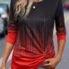 Red Twist Ombre Long Sleeve Round Neck T Shirt -Modlily Shop 340995 P 16939671831020