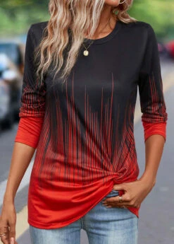 Red Twist Ombre Long Sleeve Round Neck T Shirt