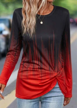 Red Twist Ombre Long Sleeve Round Neck T Shirt -Modlily Shop 340995 P 16939671835414