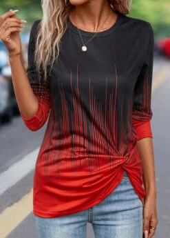 Red Twist Ombre Long Sleeve Round Neck T Shirt -Modlily Shop 340995 P 16939671836953