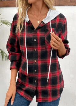 Red Patchwork Plaid Long Sleeve Hooded Coat -Modlily Shop 341039 P 16933954057253