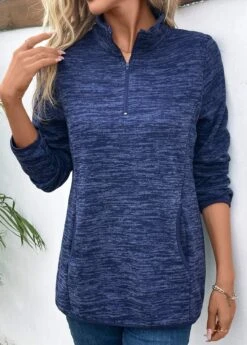 Blue Pocket Long Sleeve High Neck Sweatshirt -Modlily Shop 341040 P 16933944661195