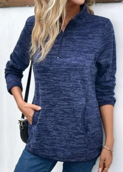 Blue Pocket Long Sleeve High Neck Sweatshirt -Modlily Shop 341040 P 16933944667584