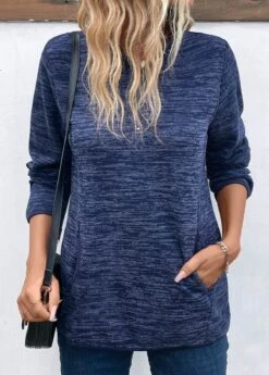 Blue Pocket Long Sleeve High Neck Sweatshirt -Modlily Shop 341040 P 16933944667663