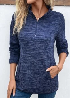 Blue Pocket Long Sleeve High Neck Sweatshirt -Modlily Shop 341040 P 16933944669052