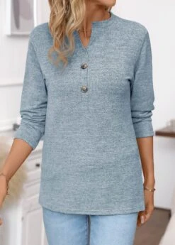 Blue Button Long Sleeve Split Neck T Shirt -Modlily Shop 341041 P 16945169512610