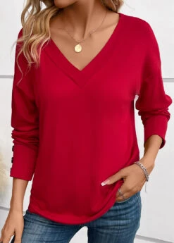 Wine Red Button Long Sleeve V Neck T Shirt -Modlily Shop 341042 P 16969385562860