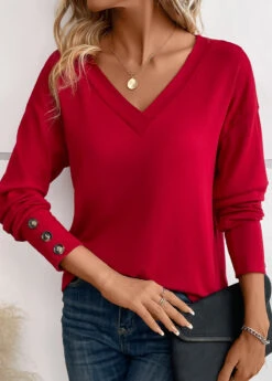Wine Red Button Long Sleeve V Neck T Shirt -Modlily Shop 341042 P 16969385563135