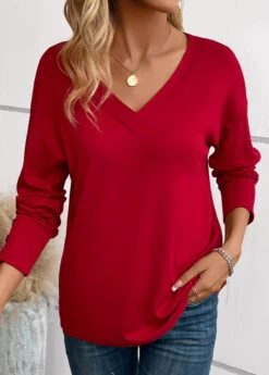 Wine Red Button Long Sleeve V Neck T Shirt -Modlily Shop 341042 P 16969385569863