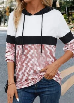 Drawstring Pink Patchwork Long Sleeve Hoodie -Modlily Shop 341080 P 16981476983634