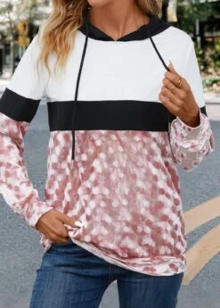 Drawstring Pink Patchwork Long Sleeve Hoodie -Modlily Shop 341080 P 16981476984543