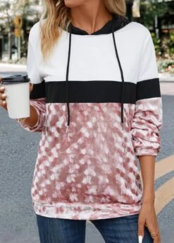 Drawstring Pink Patchwork Long Sleeve Hoodie -Modlily Shop 341080 P 16981476988612
