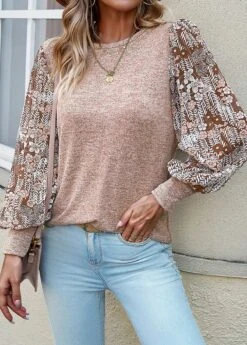 Light Coffee Patchwork Ditsy Floral Print T Shirt -Modlily Shop 341109 P 1692755154187