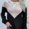 Black Lace Long Sleeve Round Neck T Shirt -Modlily Shop 341110 P 1692755077327