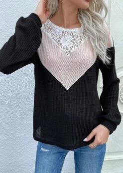 Black Lace Long Sleeve Round Neck T Shirt -Modlily Shop 341110 P 1692755077862