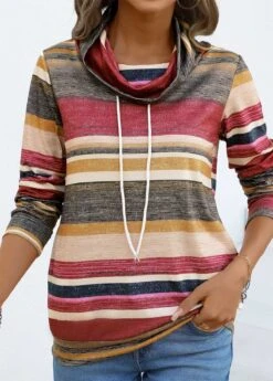 Coral Drawstring Multi Stripe Print Long Sleeve T Shirt