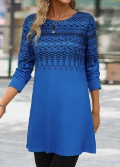 Blue Tribal Print Long Sleeve Round Neck T Shirt -Modlily Shop 341192 P 16946030266383