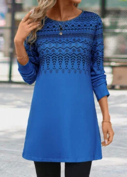 Blue Tribal Print Long Sleeve Round Neck T Shirt -Modlily Shop 341192 P 16946030267375