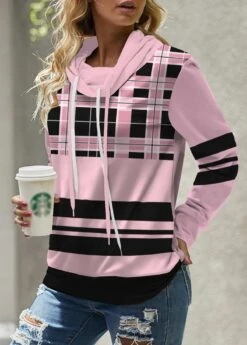 Pink Patchwork Plaid Long Sleeve Cowl Neck Sweatshirt