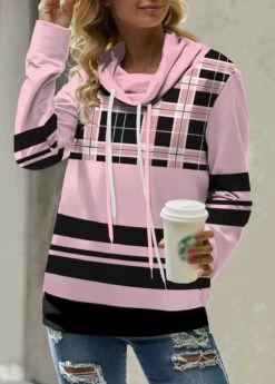 Pink Patchwork Plaid Long Sleeve Cowl Neck Sweatshirt 7 Pink Patchwork Plaid Long Sleeve Cowl Neck Sweatshirt -Modlily Shop 341205 P 1694053437820
