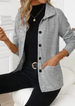 Light Grey Pocket Long Sleeve Turn Down Collar Coat