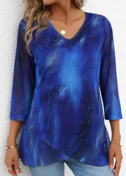 Sky Blue Cross Hem Graffiti Print T Shirt 12 Sky Blue Cross Hem Graffiti Print T Shirt -Modlily Shop 341255 P 16946875527313