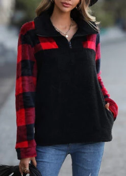Black Pocket Plaid Long Sleeve Hoodie