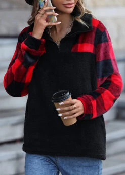 Black Pocket Plaid Long Sleeve Hoodie 8 Black Pocket Plaid Long Sleeve Hoodie -Modlily Shop 341275 P 1692869742569