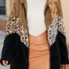 Black Patchwork Leopard Long Sleeve Hooded Coat