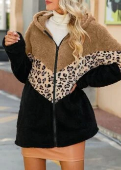 Black Patchwork Leopard Long Sleeve Hooded Coat -Modlily Shop 341277 P 1692869957166