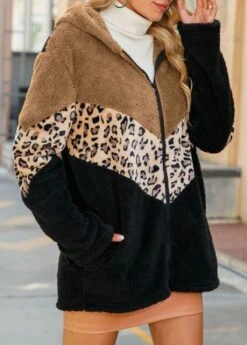 Black Patchwork Leopard Long Sleeve Hooded Coat -Modlily Shop 341277 P 1692869957187