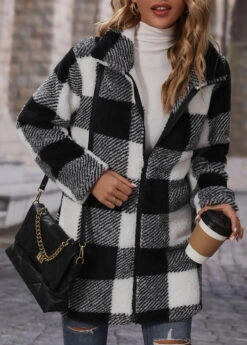 Black Pocket Plaid Long Sleeve Turn Down Collar Coat -Modlily Shop 341278 P 1692869978774