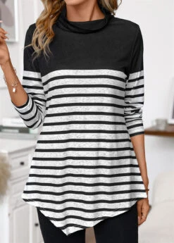 Black Patchwork Striped Long Sleeve High Neck T Shirt -Modlily Shop 341441 P 16945158440984