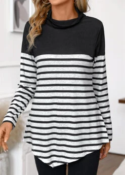 Black Patchwork Striped Long Sleeve High Neck T Shirt -Modlily Shop 341441 P 16945158443222