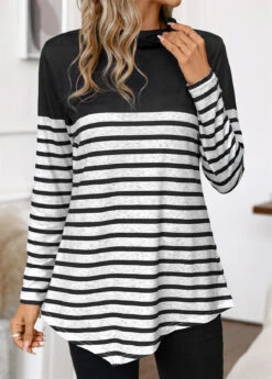 Black Patchwork Striped Long Sleeve High Neck T Shirt -Modlily Shop 341441 P 16945158448633