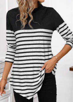 Black Patchwork Striped Long Sleeve High Neck T Shirt