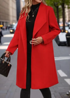 Red Button Long Sleeve Lapel Coat -Modlily Shop 341464 P 16946886300322