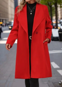 Red Button Long Sleeve Lapel Coat