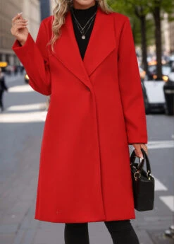 Red Button Long Sleeve Lapel Coat -Modlily Shop 341464 P 16946886313295