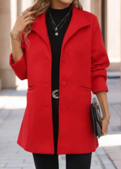 Red Pocket Long Sleeve Turn Down Collar Jacket -Modlily Shop 341465 P 16945160365503