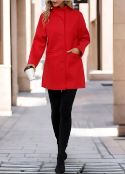 Red Pocket Long Sleeve Turn Down Collar Jacket -Modlily Shop 341465 P 16945160367824