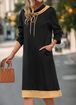 Black Pocket Long Sleeve Cowl Neck Shift Dress -Modlily Shop 341467 P 16946886211192