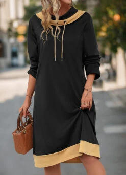 Black Pocket Long Sleeve Cowl Neck Shift Dress -Modlily Shop 341467 P 16946886214275